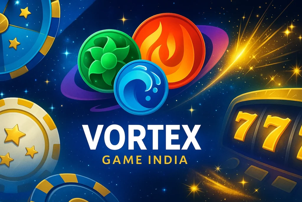 Vortex Game India casino artwork showing fire, water, and nature elemental symbols with slot reels, chips, and starry galaxy theme